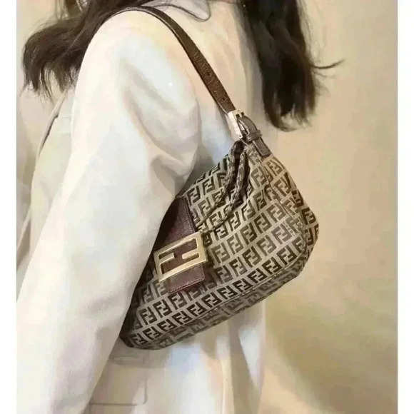 FENDI Zucchino Monogram Double Flap Baguette Shoulder Bag Brown FF Vintage Y2K - Picture 16 of 16